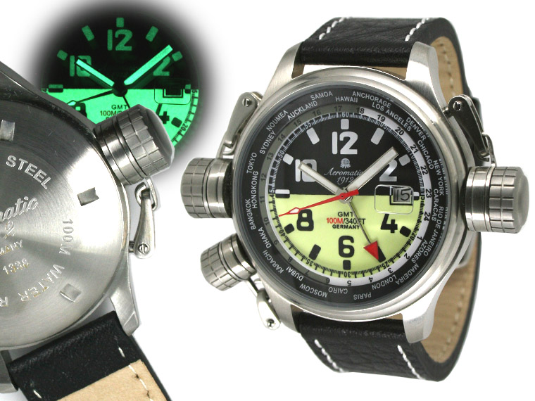 XXL-Pilot DEFENDER tournée mondiale GMT noir avec A1338 de système de protection de la couronne