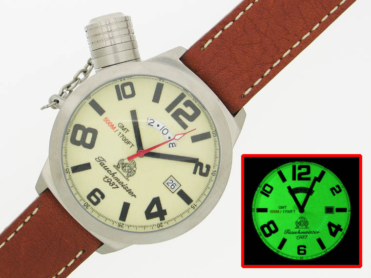 2.WW allemand U-Boot DATE GMT SWISS-lourd !!! couronne système de protection T0068 lumineuse