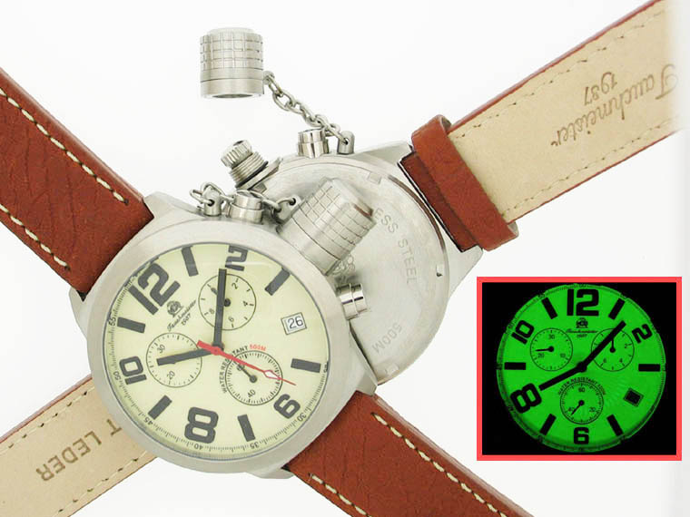 2.WW allemand U-Boot Chronographe 3-yeux lourd !!! couronne système de protection T0075 lumineuse