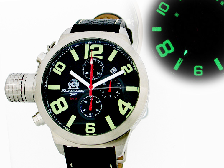 2.WW allemand U-Boot Chronographe 3-yeux 1 / 20SEC lourd !!! couronne système de protection T0138A noir