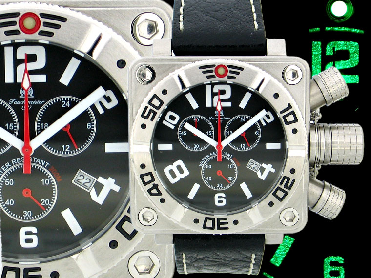2.WW allemand U-Boot Chronographe lourd !!! couronne système de protection T0147 lumineuse